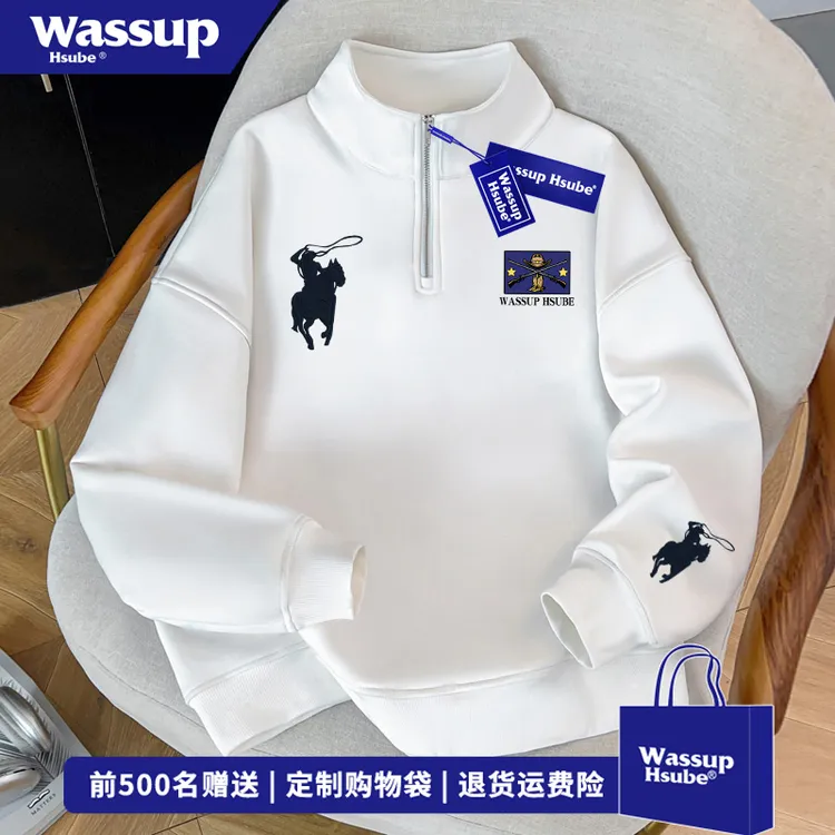 WASSUP HSUBE美式牛仔印花半拉链卫衣男女秋冬潮酷百搭宽松外套