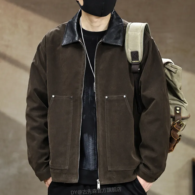 高端美式巴恩风翻领反绒皮外套男士秋季新款卡哈特机车夹克男上衣