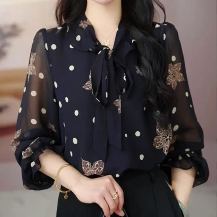 高端春季新款时尚衬衫飘带百搭显瘦减龄女装上衣洋气印花雪纺衫潮