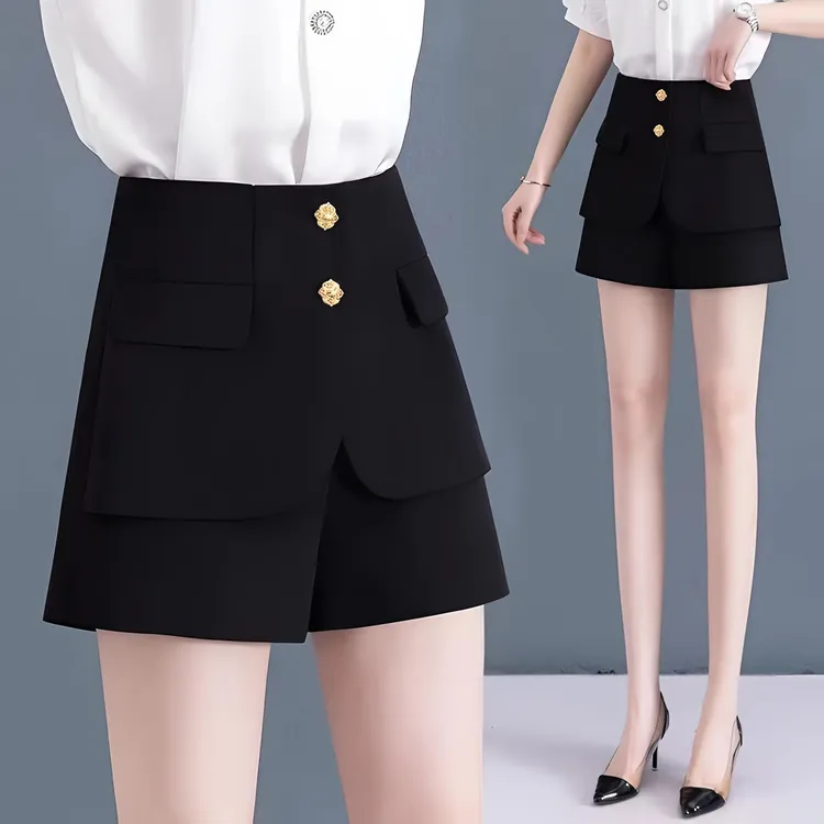 黑色假两件短裤女2025夏季薄款时尚韩版休闲裤高腰显瘦外穿阔腿裤