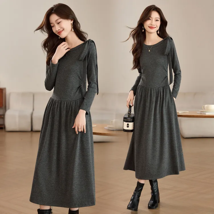 现货可推2025春装新款气质修身圆领绑带蝴蝶结柔软打底连衣裙女