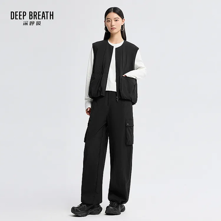 DEEP BREATH深呼吸圆领马甲外套束脚工装裤套装女A401497-A100484