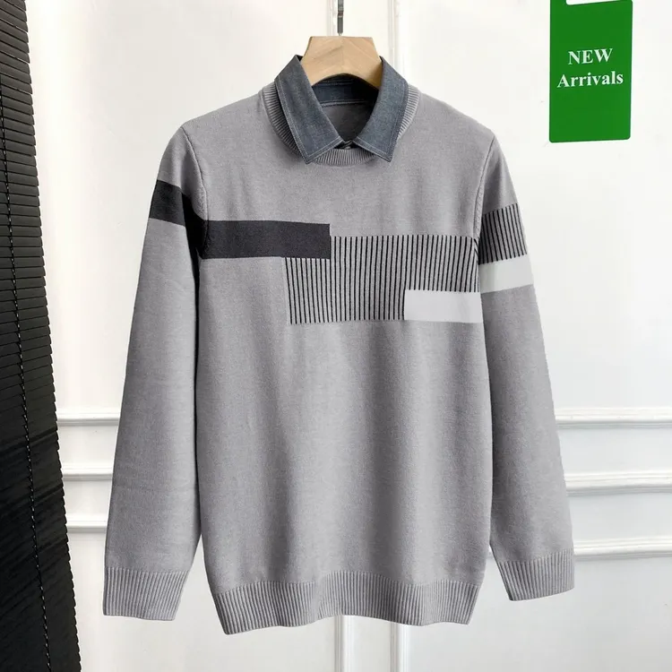 时尚撞色!亲肤百搭!品牌剪标男秋冬保暖针织衫衬衫领毛衣打底衫