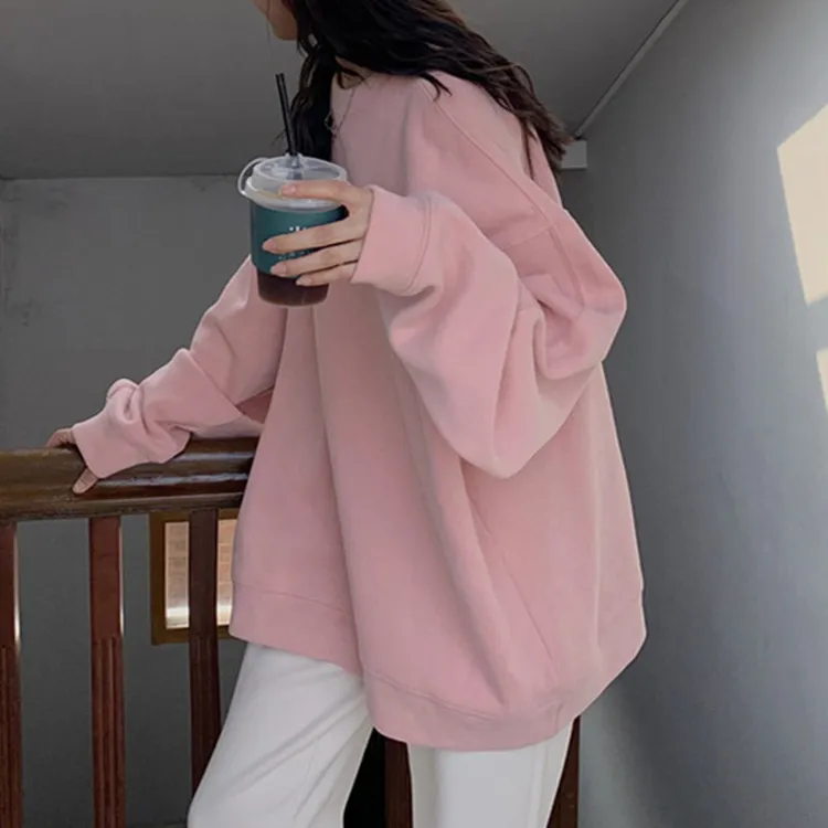 韩范ulzzang粉色卫衣女慵懒风宽松大码炸街加绒情侣秋冬上衣ins潮
