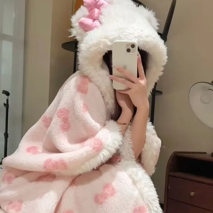 爆款KT斗篷凯莉猫连帽粉色睡衣可爱卡通秋冬季绒加厚保暖家居服