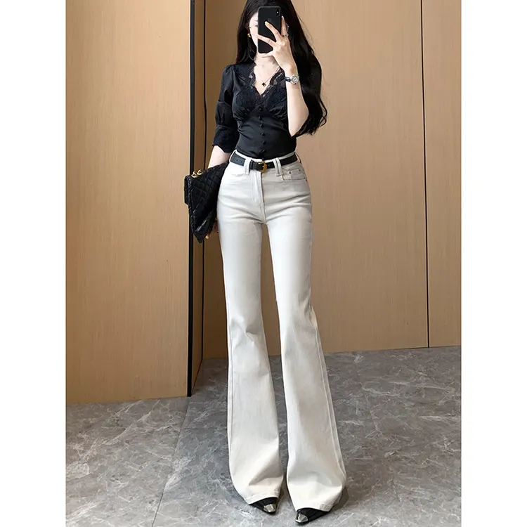 老钱灰净版微喇牛仔裤女2025秋季新款高腰修身显瘦弹力气质长裤