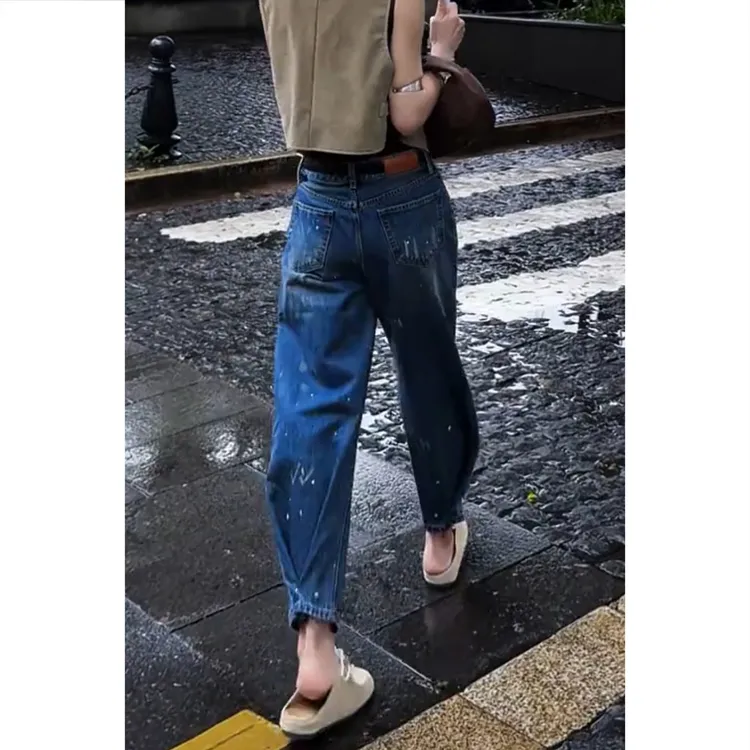 艾塔莉宽松牛仔裤哈伦裤束脚阔腿裤早秋水洗女彩绘印花高腰九分裤