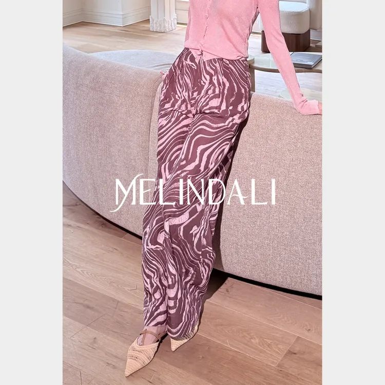 Melinda Li【玫瑰斑马】度假风天丝亚麻斑马纹高腰直筒阔腿休闲长裤