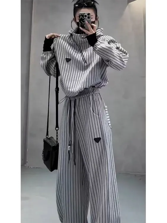 休闲运动套装女2025春秋新款时尚宽松显瘦条纹连帽卫衣长裤两件套