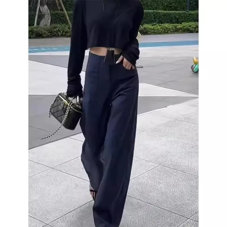 藏青色直筒休闲裤女夏季薄款大码胖mm高腰慵懒感显瘦垂感拖地长裤