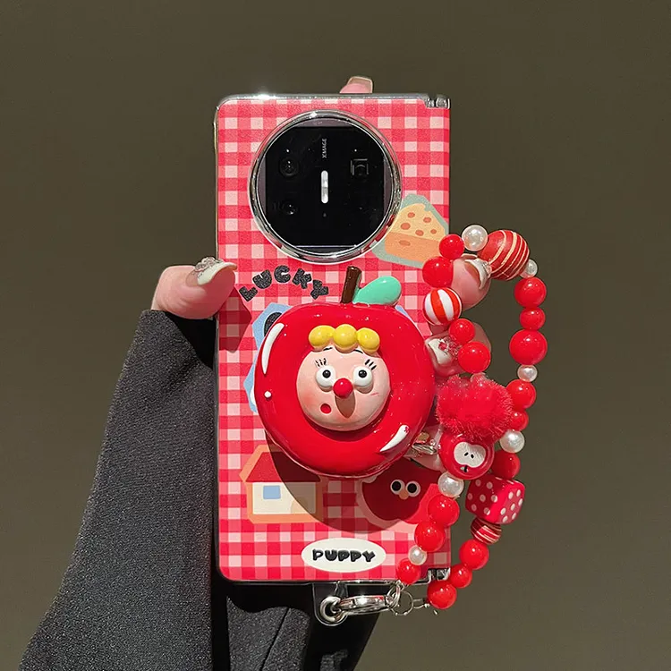 红色格纹苹果妹支架适用华为mateX6/x5/x3折叠屏手机壳全包可爱