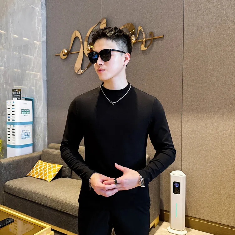 2025春秋男士纯色长袖T恤圆领时尚潮流百搭修身打底休闲简约韩版