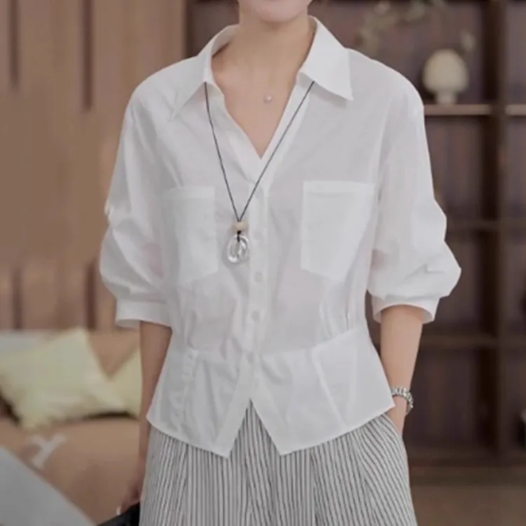 时尚高级感白色五分袖衬衫夏季薄款胖MM大码女装显瘦气质收腰上衣