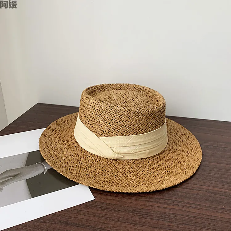 法式时尚防晒草帽沙滩帽女夏天海边度假大檐遮阳帽草编复古顶帽