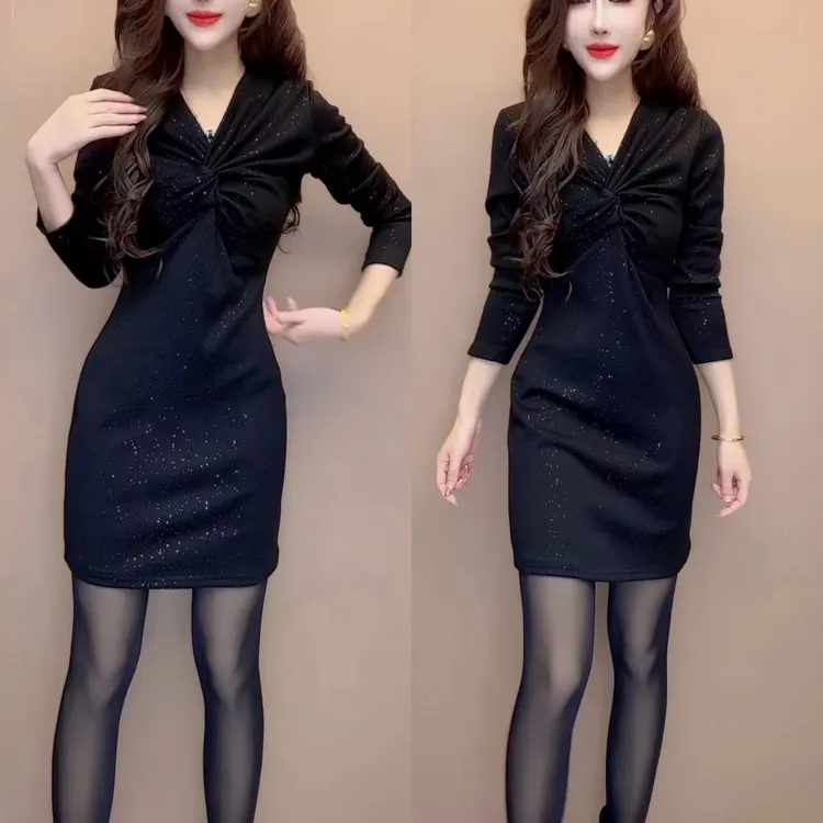 连衣裙女满天星v领高档修身显瘦洋气包臀打底裙1451