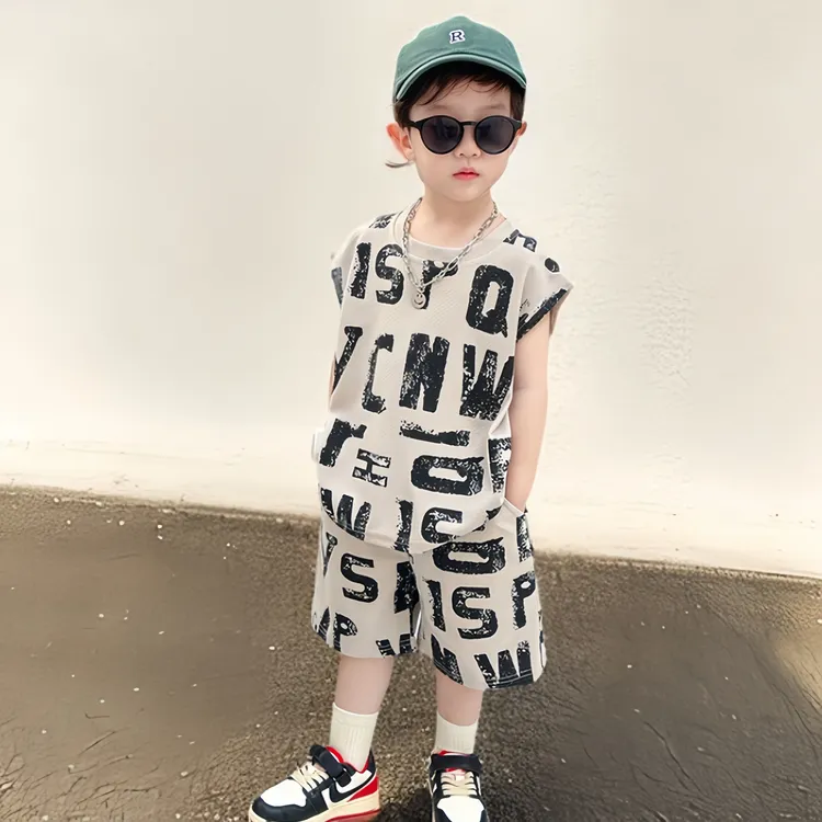 儿童透气套装夏季男童男孩休闲宽松舒适韩版无袖潮流印花时尚帅气