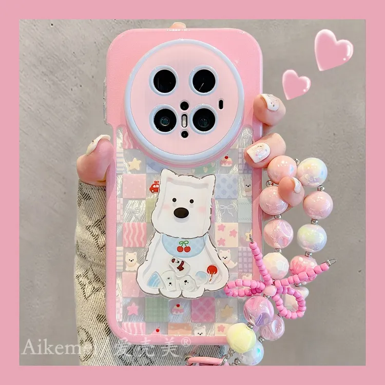 适用华为mate70pro+手机壳卡通格纹mate60pro+星星西高地狗狗支架