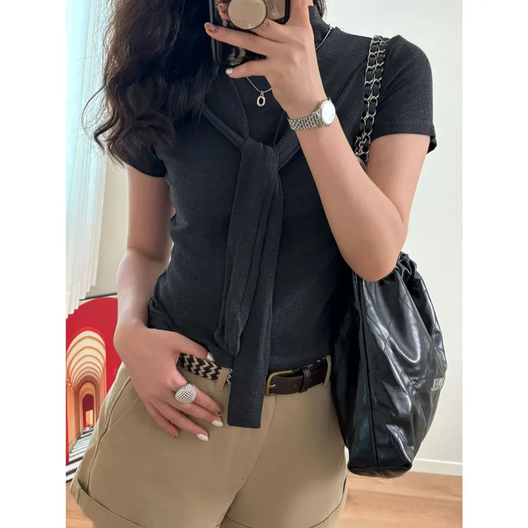 韩版带披肩项链假两件半高领短袖上衣女早秋设计感修身休闲打底衫