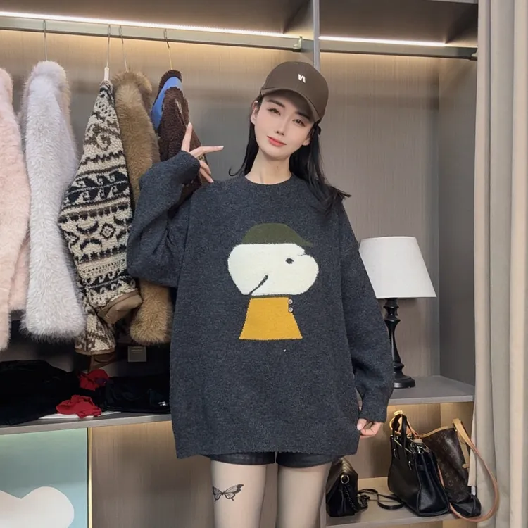 圆领彩色针织慵懒风毛针织衫毛衣拼接上衣冬季