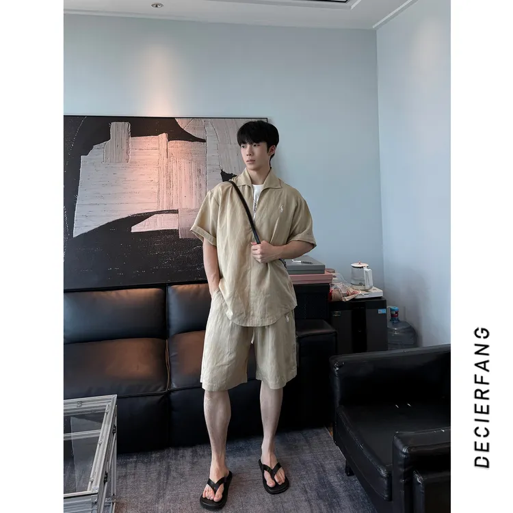 【亚麻套装】25夏季老钱风小标极简天丝亚麻假两件短袖短裤套装男潮