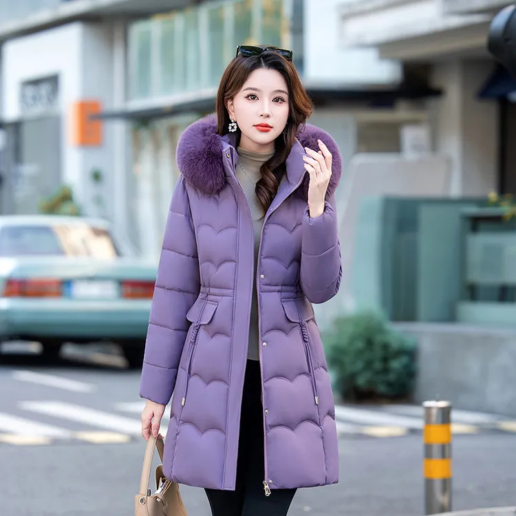 冬装女士厚款棉服外套中长款大码显瘦韩版毛领棉袄修身加厚女棉衣