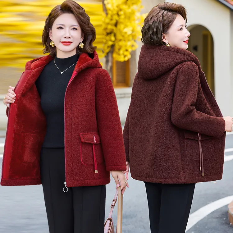 妈妈冬装加绒外套中年妇女颗粒绒棉衣中老年女秋冬羊羔绒棉袄加厚