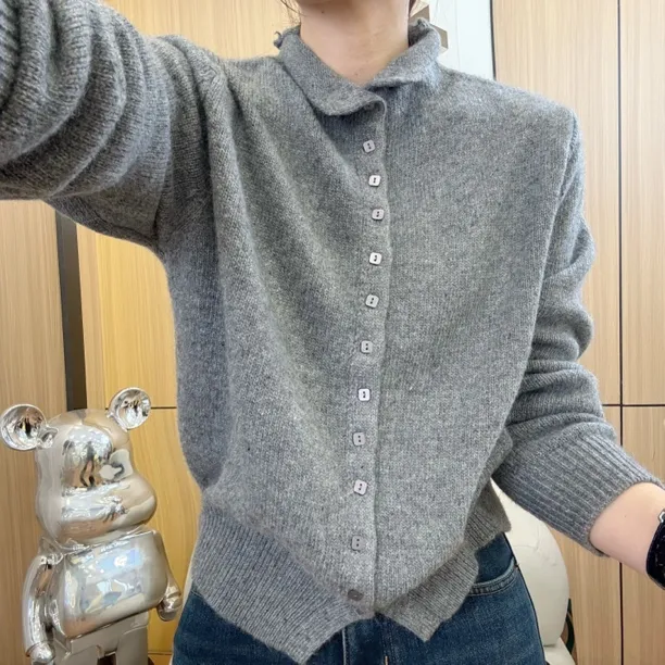 2025韩系新款女百搭修身时尚纯色极简风单排扣针织长袖开衫H5-37