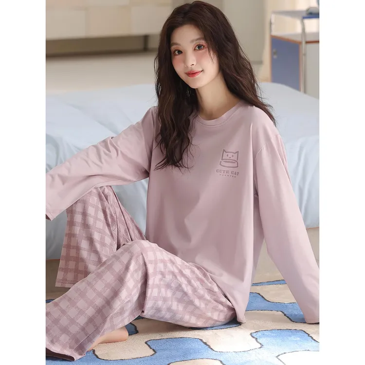 卡之恋睡衣女款长袖春秋季棉加厚格子直筒裤可外穿家居服套装冬