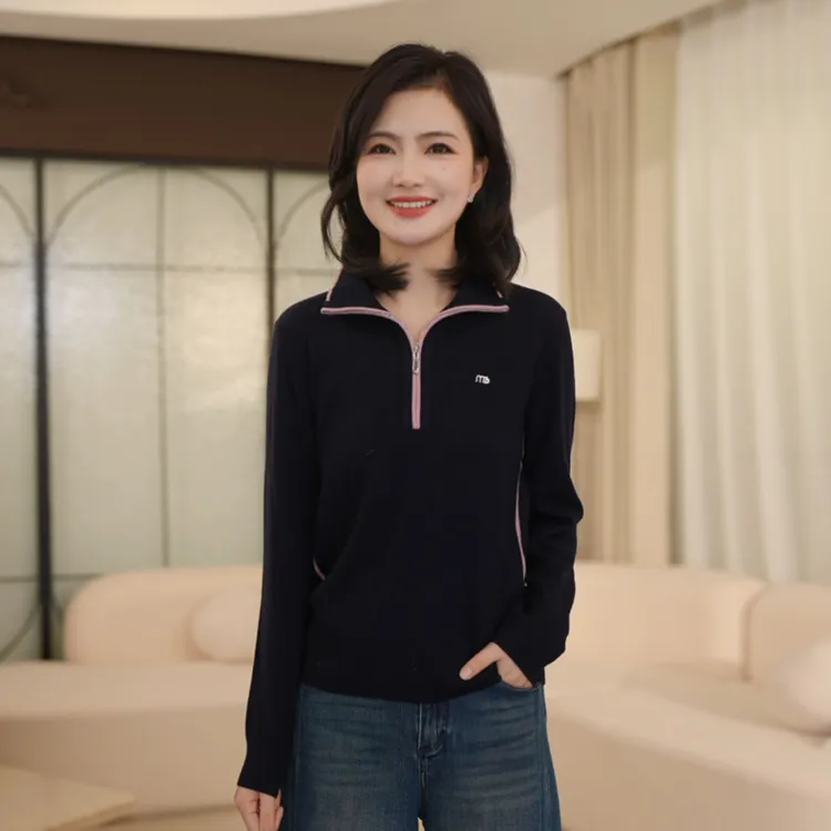 枫竺阿楠anan气质减龄撞色半拉链立领全羊毛针织衫女秋冬打底毛衣