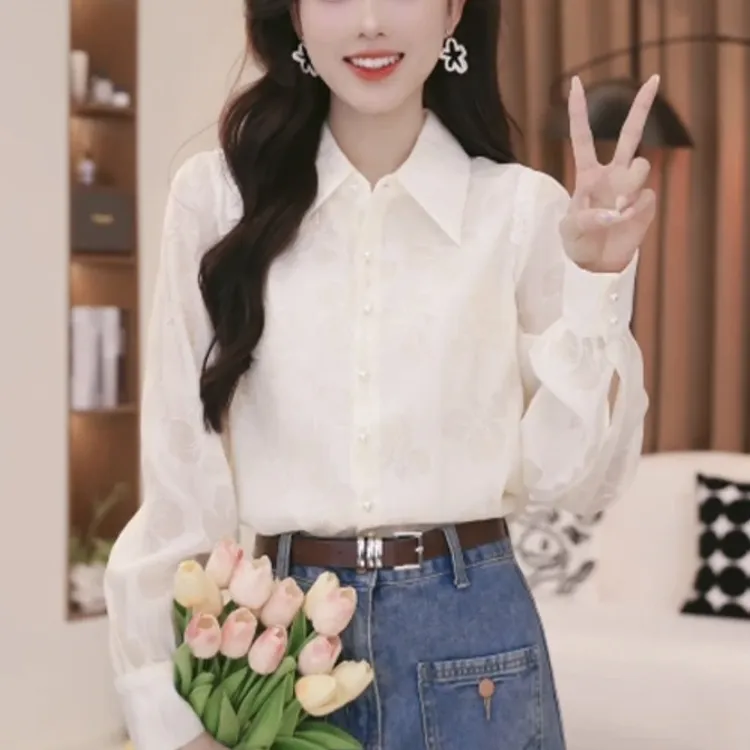 法式polo领时髦别致长袖衬衫女2025春季新款设计小众衬衣宽松上衣