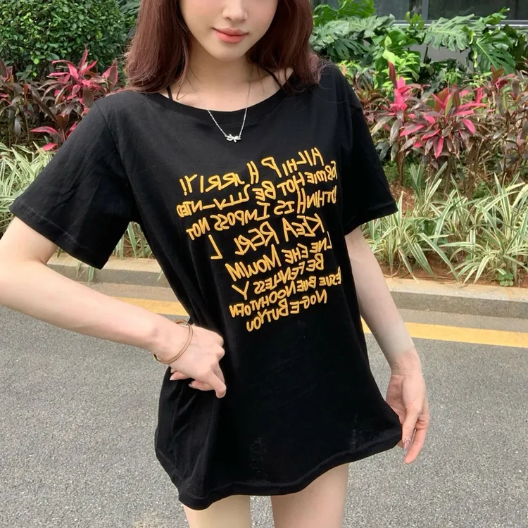 夏季时尚韩版薄款气质休闲发泡印花字母T恤一字领+【U领白色短袖】.