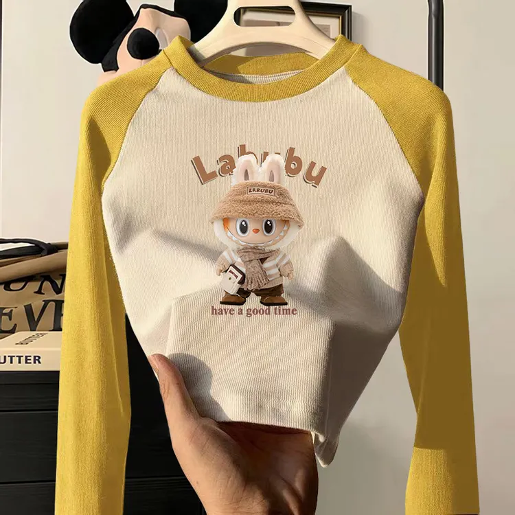 网红T恤打底衫儿童女童2025长袖上衣洋气卡通撞色秋冬季德绒新款