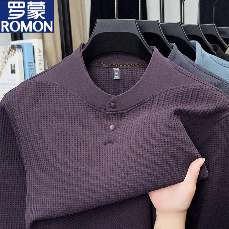 罗蒙2025秋季新款华夫格男士长袖卫衣亨利领休闲百搭抗皱打底衫