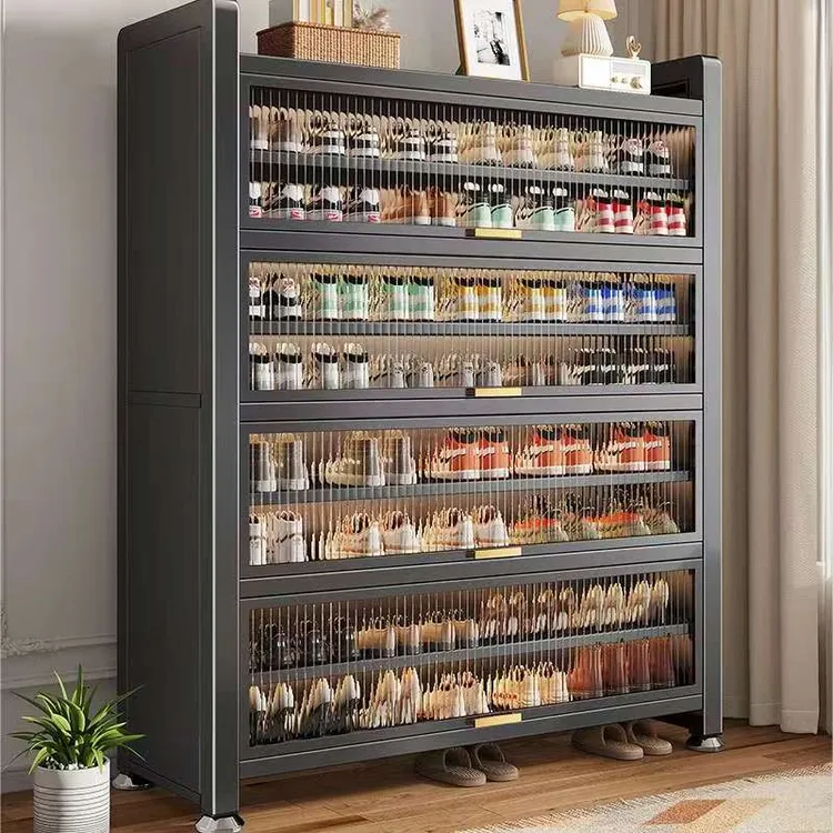 家用门口钢制鞋柜入户玄关柜落地多层隔板大容量防尘收纳翻门鞋架