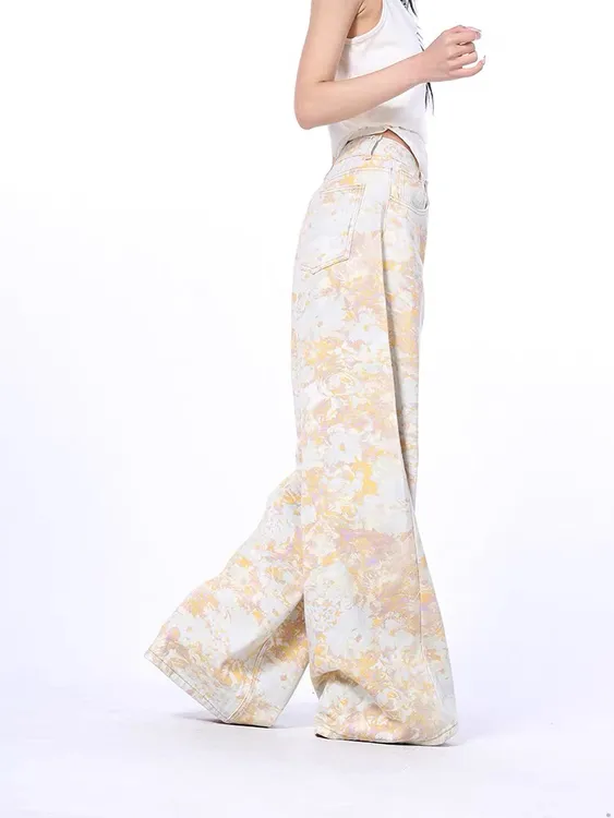 赛小懒复古艺术扎染印花阔腿牛仔裤女春季设计感高腰休闲直筒拖地