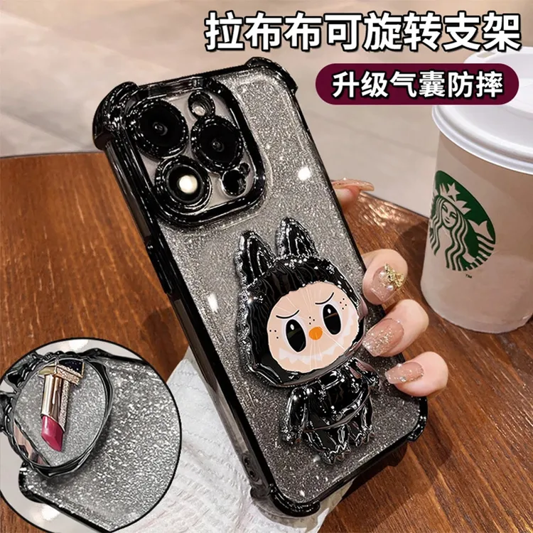 拉布布补妆镜子支架适用苹果16promax手机壳iPhone15四角气囊防摔