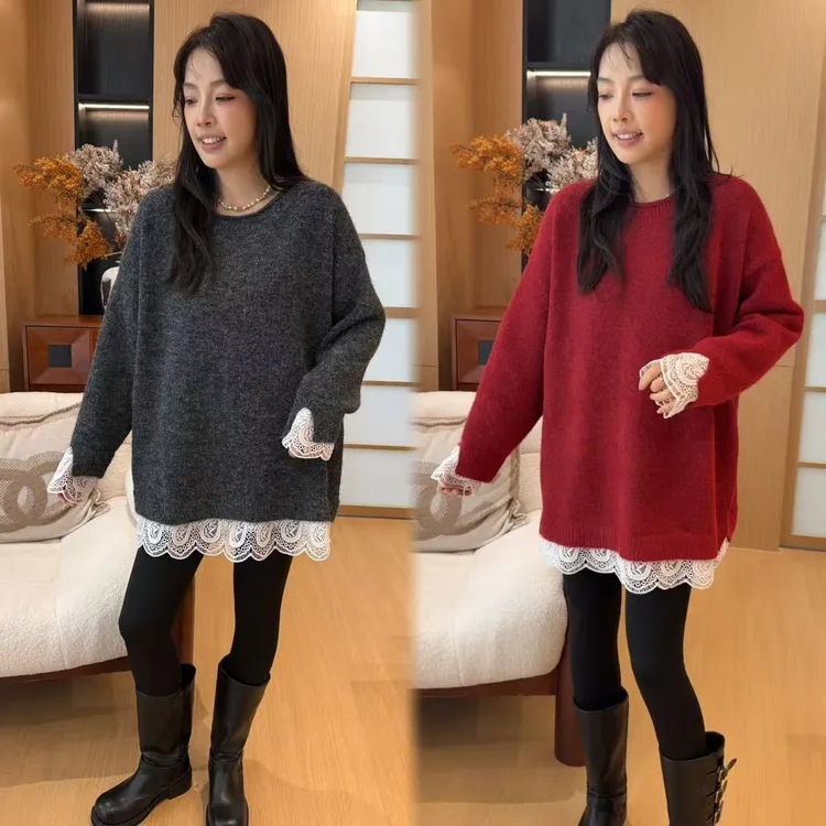 二姐的宝藏冬季韩系套头蕾丝拼接慵懒风毛衣#25506