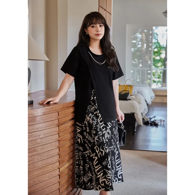 现货-慕翎新品【慵懒套装】夏季短袖宽松T恤胖MM显瘦半身裙套装