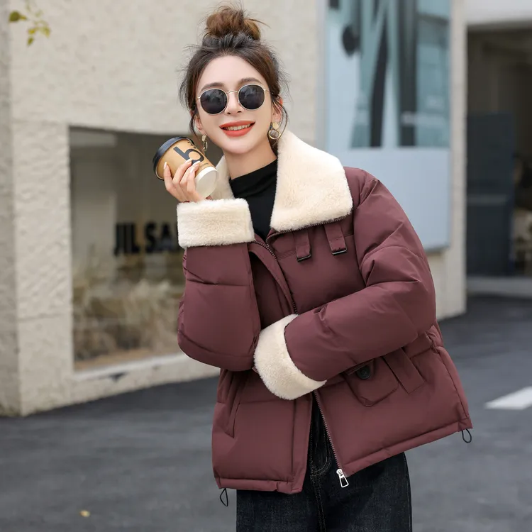 翻领拼接短款棉服女2025年新款冬季小个子洋气棉袄韩版显瘦外套