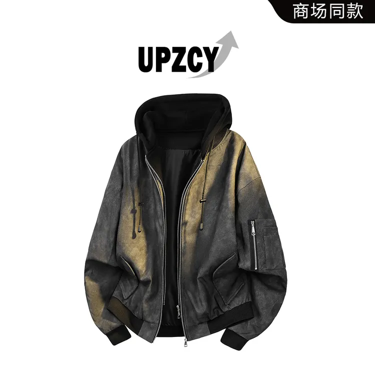 UPZCY假两件连帽皮衣夹克外套男秋季美式扎染宽松休闲高级感男装