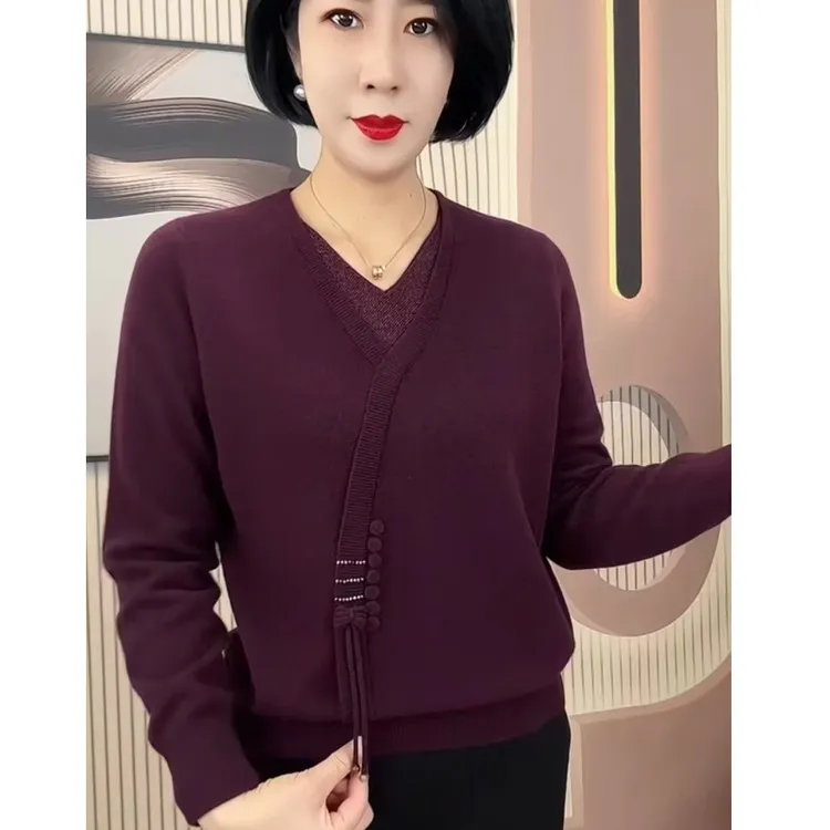 中老年新款秋冬针织妈妈时尚上衣宽松显瘦遮肉毛衣针织衫洋气打底