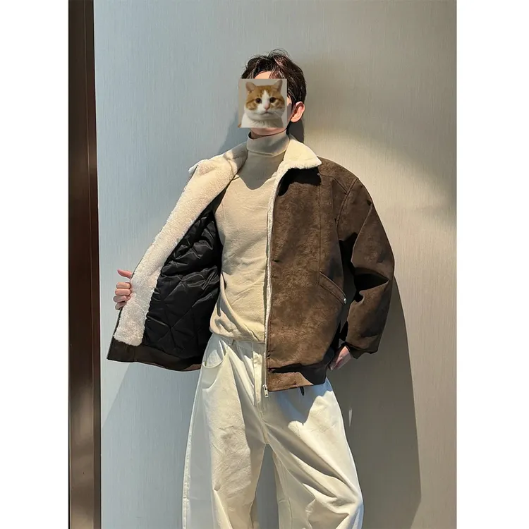 潮牌-冬季美拉德毛领雾面PU皮棉服男加绒加厚保暖百搭情侣棉衣