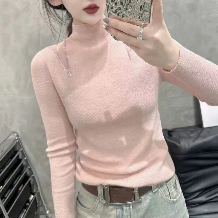 清仓捡漏~专柜大牌外贸上衣女秋冬修身蕾丝镂空长袖半高领打底衫