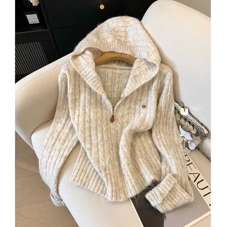 自留款推荐~慵懒风连帽麻花长袖针织开衫女秋冬新款洋气百搭毛衣