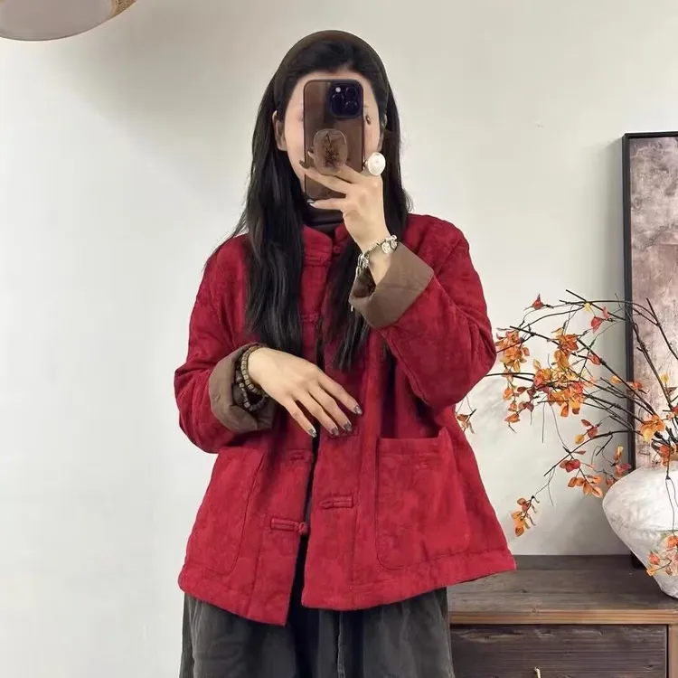 新中式复古盘扣亚麻炒色提花夹棉拜年棉服老钱风松弛感女装贵气