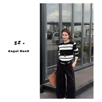 zz · 复古学院风百搭撞色条纹长袖衫女时尚宽松圆领套头打底衫674