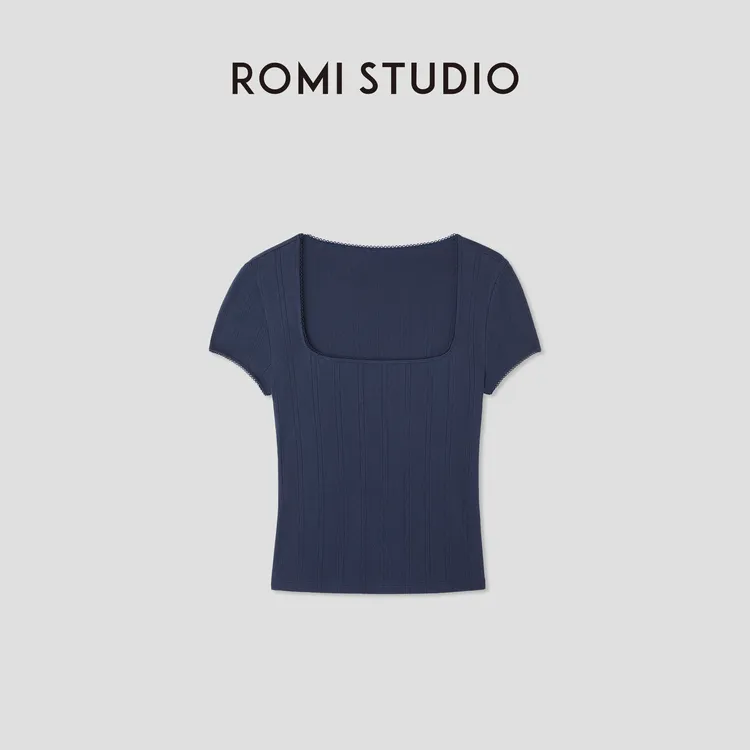 ROMI STUDIO“法式优雅”全棉坑条肌理花边方领短袖T恤 RWCRSM2756