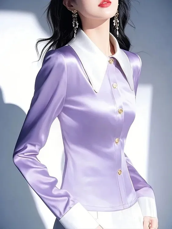 SS1000法式轻奢纯色缎面翻领长袖衬衫女设计感别致漂亮绝美上衣