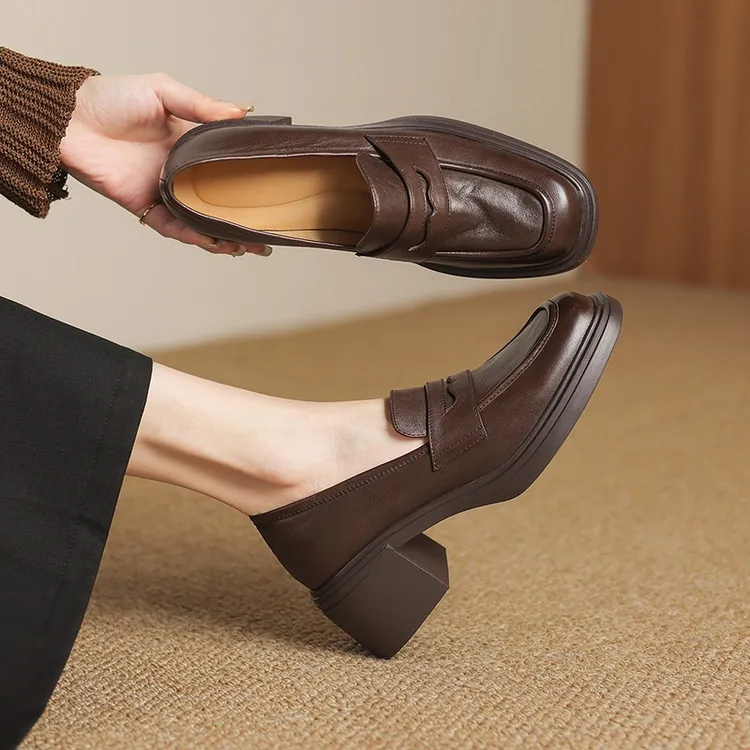 手工高定款~头层羊皮~软软软简约百搭方头厚底高跟单鞋粗跟乐福鞋