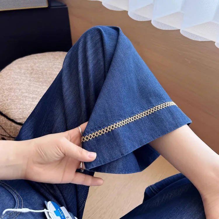 夏季薄款凉感莱赛尔九分阔腿裤女梨型身材显瘦垂感宽松天丝牛仔裤